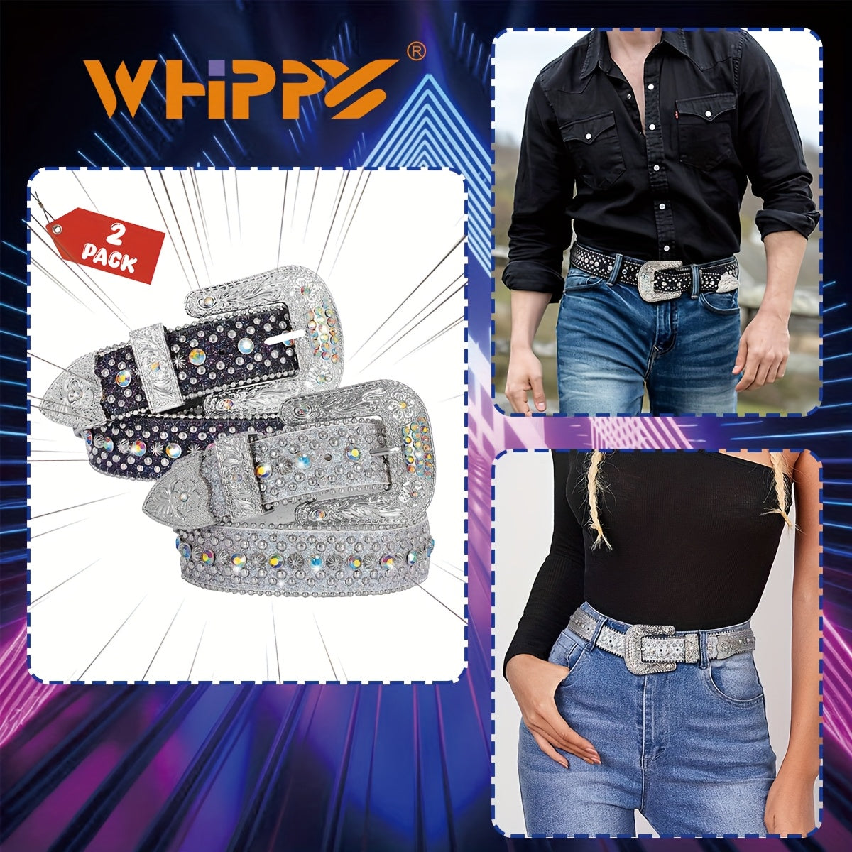 Ceinture strass unisexe style western – Ceinture ajustable scintillante en similicuir avec boucle en alliage pour hommes et femmes, tailles S-XL, cadeau pour fête, festival, Halloween, Noël