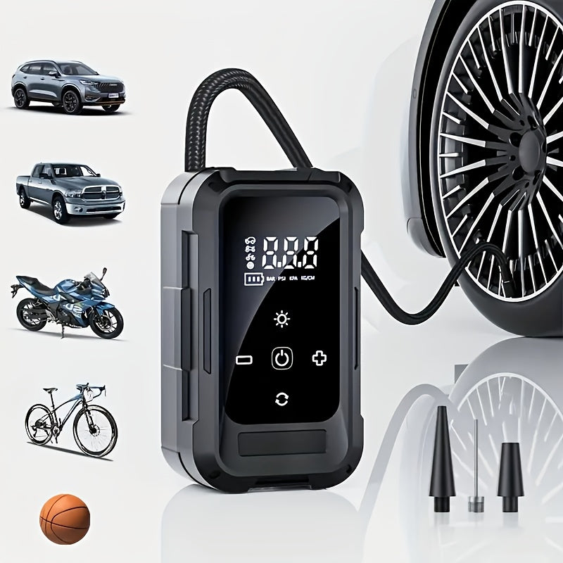 Gonfleur de pneus portable sans fil – Compresseur d'air intelligent sans fil avec manomètre numérique et lampe LED pour voitures, motos, vélos et ballons, recharge rapide Type-C
