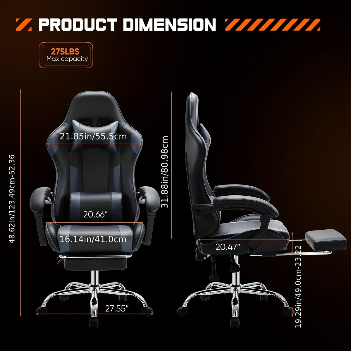 Chaise de gaming ergonomique avec repose-pieds et soutien lombaire – Fauteuil d'ordinateur esport style course, accoudoirs fixes, dossier inclinable réglable, chaise de bureau pour adultes
