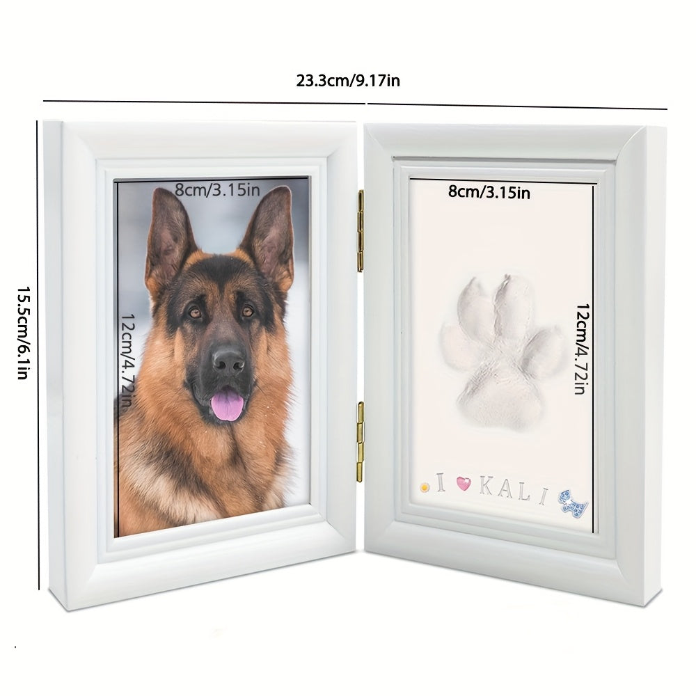 Cadre photo pour empreinte de patte d'animal avec kit de moulage en argile - Cadre souvenir pliable à poser pour chiens et chats, cadeau personnalisé pour premier anniversaire ou hommage après la perte d'un animal (Blanc/Noir/Bois)