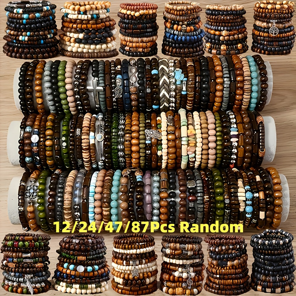 Ensemble de bracelets bohèmes en perles de bois – Bracelets élastiques empilables avec breloques tortue, croix, feuille et plume, couleurs assorties, au choix par 12, 24, 47 ou 87 pièces – Parfait pour un usage quotidien et offrir en cadeau