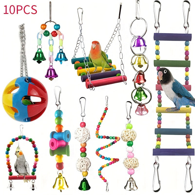 Ensemble de jouets pour perroquets - Balançoire, perchoir et jouets à mâcher pour perroquets, perruches, calopsittes, perruches ondulées et inséparables - Accessoires d'enrichissement pour cage à oiseaux, couleurs assorties