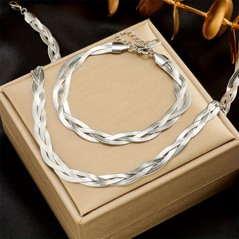 Parure 2 pièces collier et bracelet en acier inoxydable doré pour femme – Design tressé tricolore plaqué or, style rétro minimaliste français pour le quotidien, le travail, les vacances et les soirées