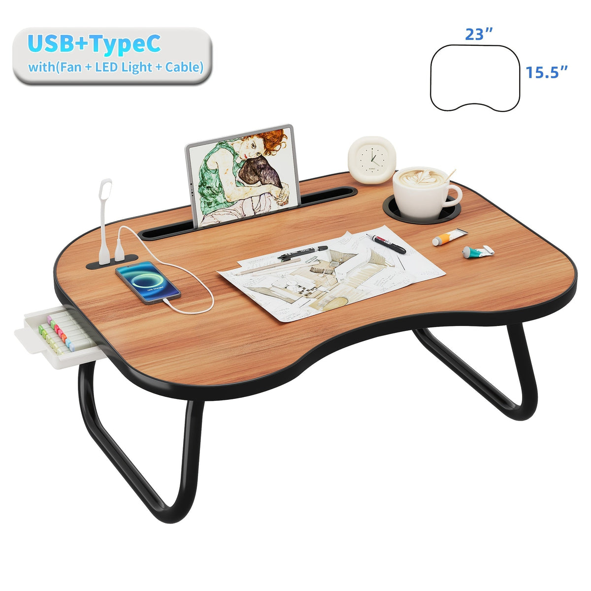 Support pour ordinateur portable avec port USB, tiroir de rangement et porte-gobelet – Plateau de lit en bois noyer pour manger, écrire, canapé, adultes et étudiants