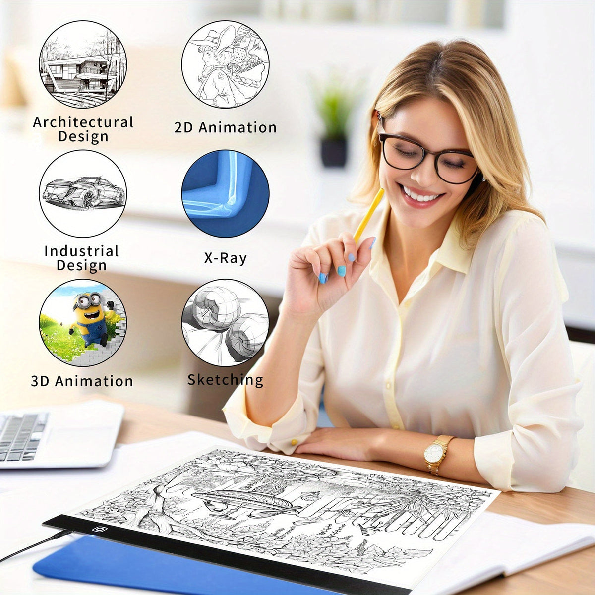 Tablette lumineuse de traçage LED A2 – Table lumineuse ultra-fine à contrôle tactile variable pour peinture au diamant, croquis, animation, transfert de tatouage et streaming, alimentée par USB, LED respectueuses des yeux, compatible Mac/PC | Velora