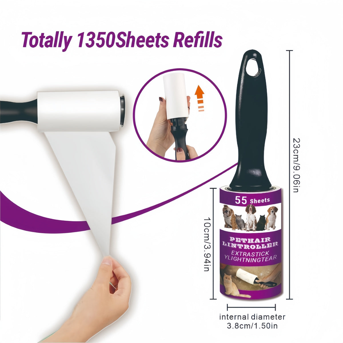 Rouleau adhésif anti-poils d'animaux avec recharges - Rouleau collant ultra-adhésif pour poils de chien et de chat sur les meubles, tapis et vêtements - Kit de rouleau anti-peluches portable (4, 6, 10 ou 15 pièces)