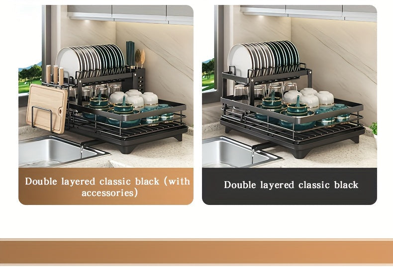 Égouttoir à vaisselle en métal à 2 niveaux avec porte-couverts, porte-gobelets et plateau d'égouttage antirouille – Égouttoir compact pour plan de travail de cuisine, égouttoir en acier durable pour tous types de surfaces