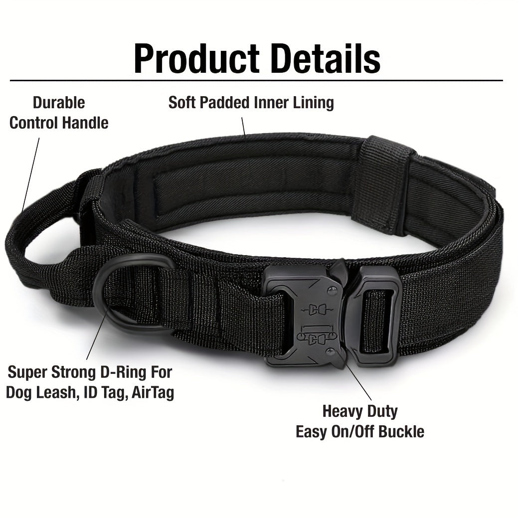 Ensemble collier et laisse tactiques pour chien – Polyester robuste et réglable avec boucle et anneau en D en métal pour toutes les tailles de chiens, collier et laisse d'entraînement de style militaire en noir et kaki, tailles M et L