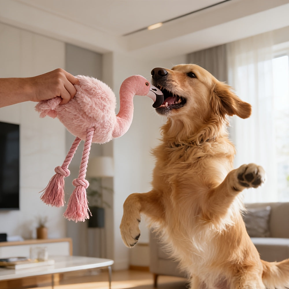 Jouet pour chien Flamingo avec couineur - Peluche double épaisseur résistante aux déchirures avec couineur intégré, corde et pompons, grand jouet interactif à tirer et à mâcher pour soulager l'anxiété, l'hygiène dentaire, chiots et chiens adultes