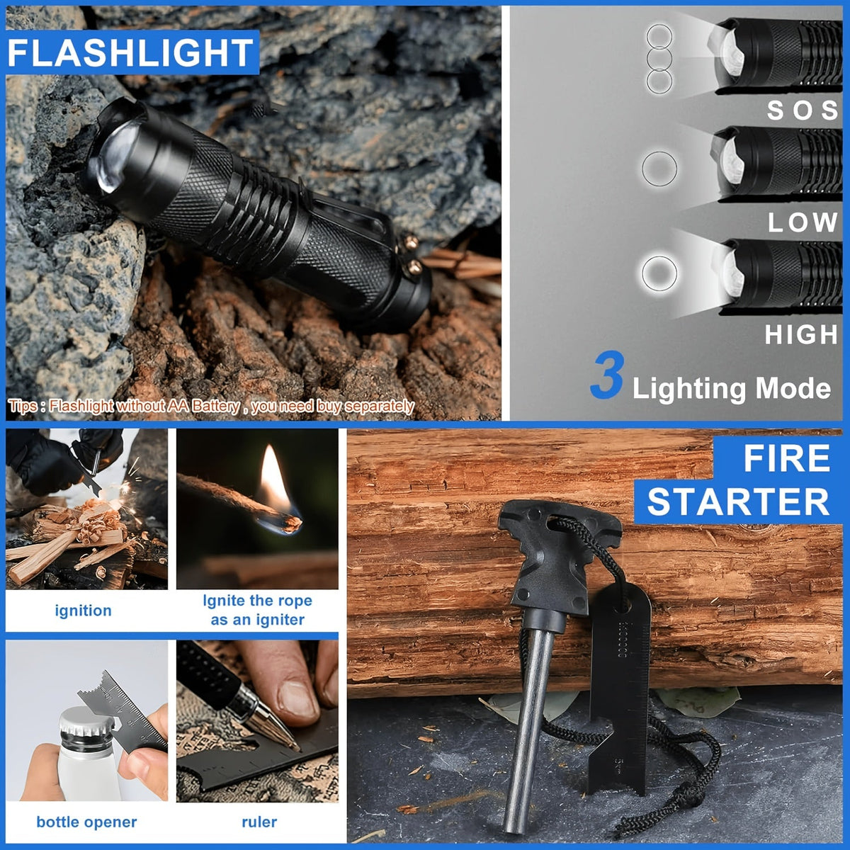 Kit de survie pour homme, ensemble d'équipement d'urgence de 12 à 115 pièces avec pierre à feu et multi-outil pour camping, randonnée, chasse, pêche, aventure en plein air, cadeau pour papa ou mari