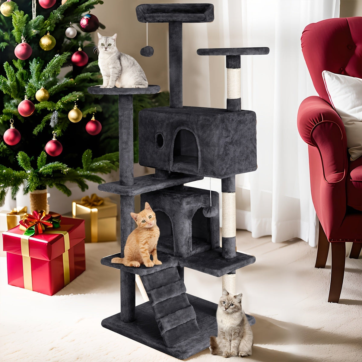 Arbre à chat de 137 cm pour chats d'intérieur – Centre d'activités à plusieurs niveaux avec poteaux à griffer, niche et jouets pour chatons et chats adultes, gris foncé