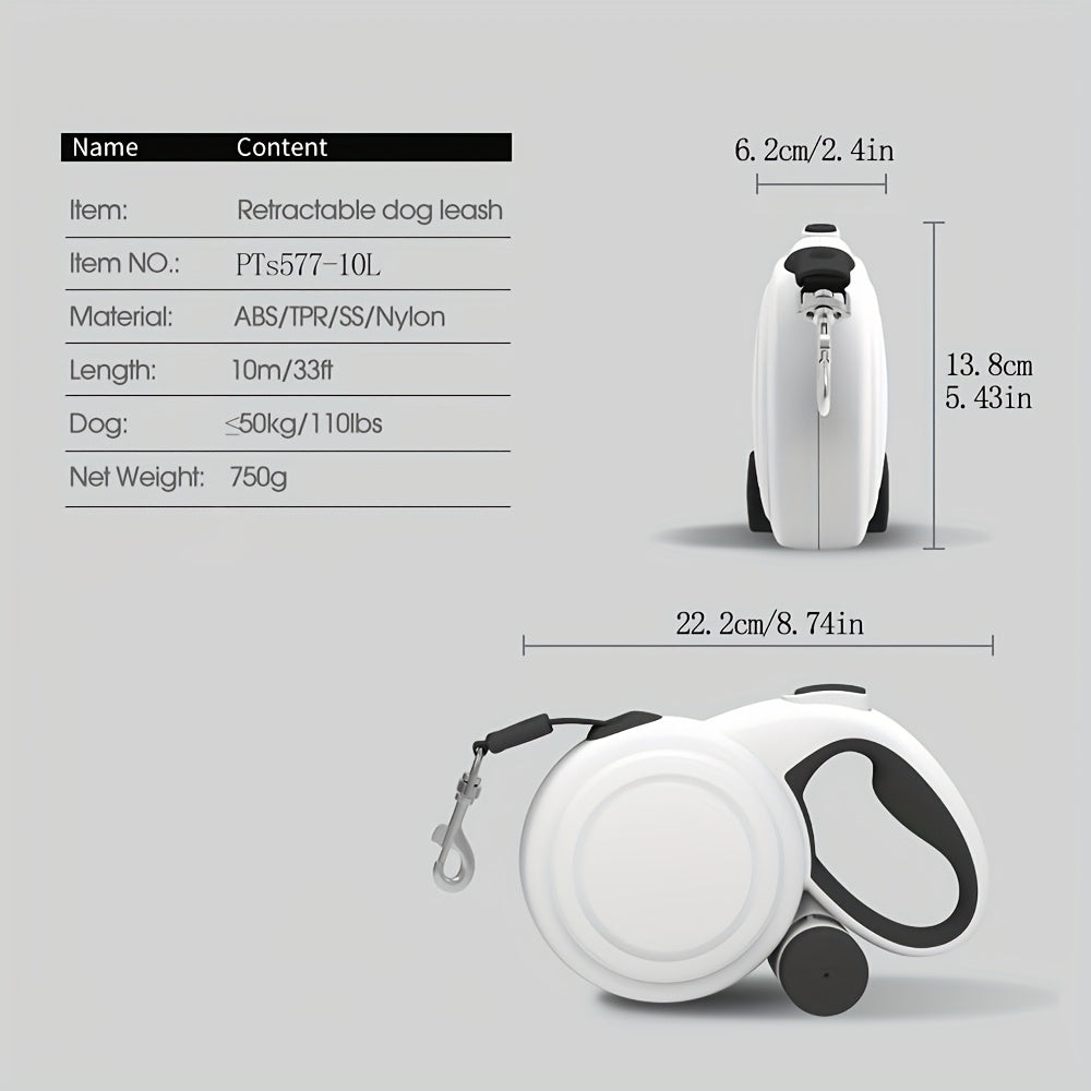 Laisse rétractable pour chien de 10 m avec bandes réfléchissantes et distributeur de sacs à déjections - Laisse robuste en nylon de 10 mètres avec contrôle à bouton unique anti-emmêlement à 360°, pour chiens moyens et grands, avec verrou de sécurité