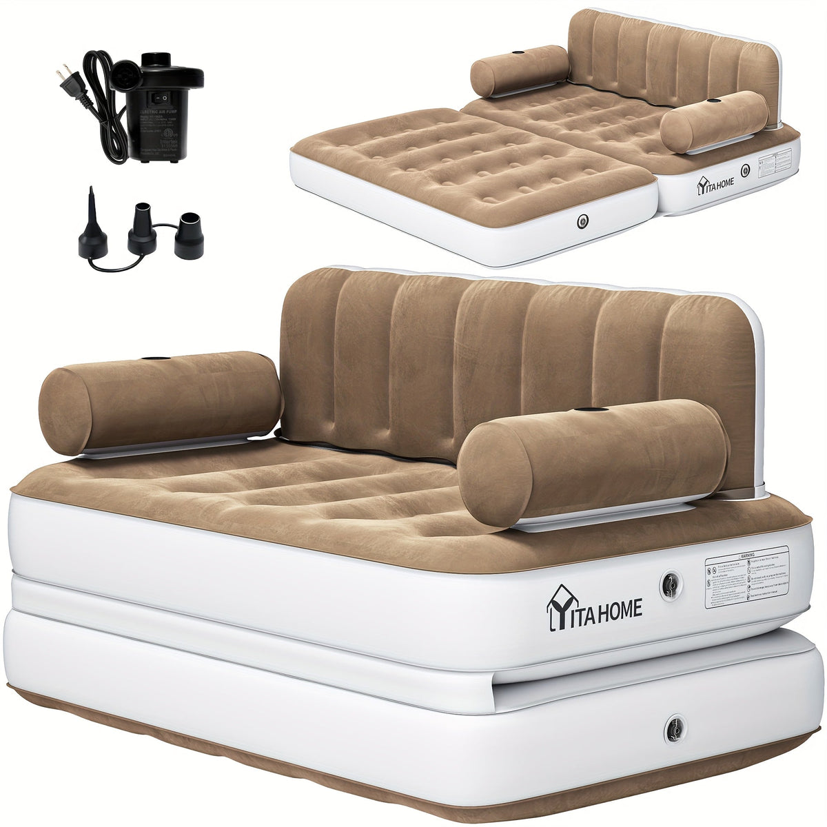 Canapé-lit gonflable 2-en-1 taille Queen – Canapé et matelas pneumatique portables avec tête de lit, porte-gobelets, pompe externe et sac de rangement, capacité de 200 kg pour la maison, le camping et les invités