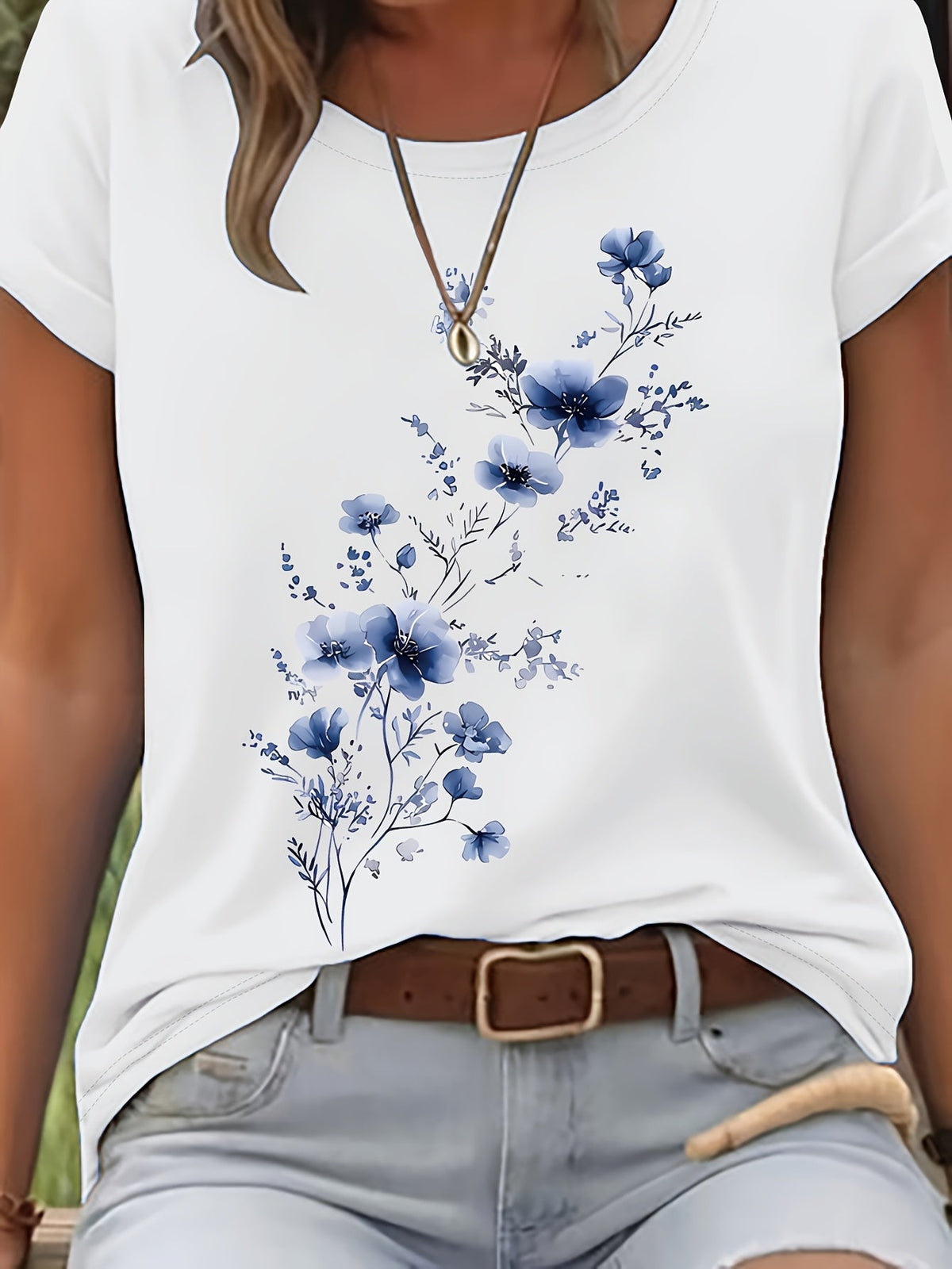 T-shirt pour femme à motif floral aquarelle – Haut décontracté élégant à col rond et manches courtes pour le printemps et l'été