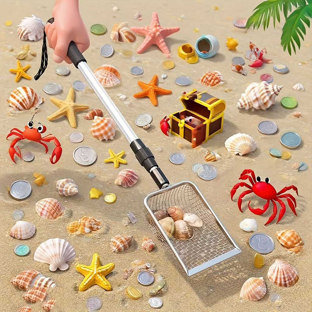 Pelle tamis de plage rétractable en acier inoxydable avec manche télescopique – Outil pour ramasser les coquillages, chercher des trésors et fouiller la plage sans se baisser | Sert aussi de pelle à litière pour chat (lot de 1 ou 2)