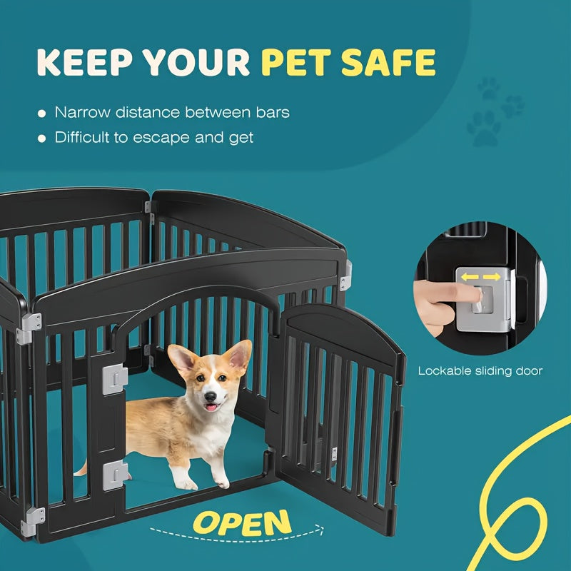 Parc pour chiens pliable à 4 ou 6 panneaux avec fond antidérapant, enclos portable pour chiots, intérieur et extérieur, avec porte à verrouillage de sécurité pour chiens de taille moyenne – Noir et blanc
