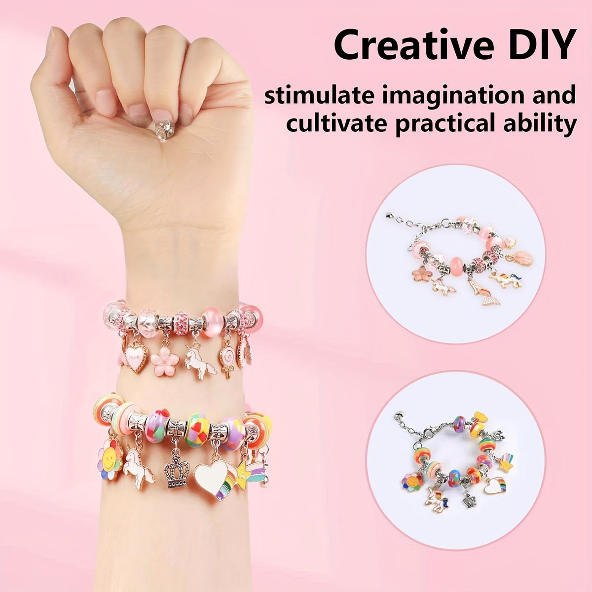 Kit de création de bracelets à breloques de 134 pièces – Ensemble de perles DIY mignon pour bijoux avec 120 perles, 6 bracelets, 6 colliers, boîte à bijoux et sac cadeau, meilleur cadeau d'anniversaire ou de Nouvel An pour filles, enfants et adolescentes