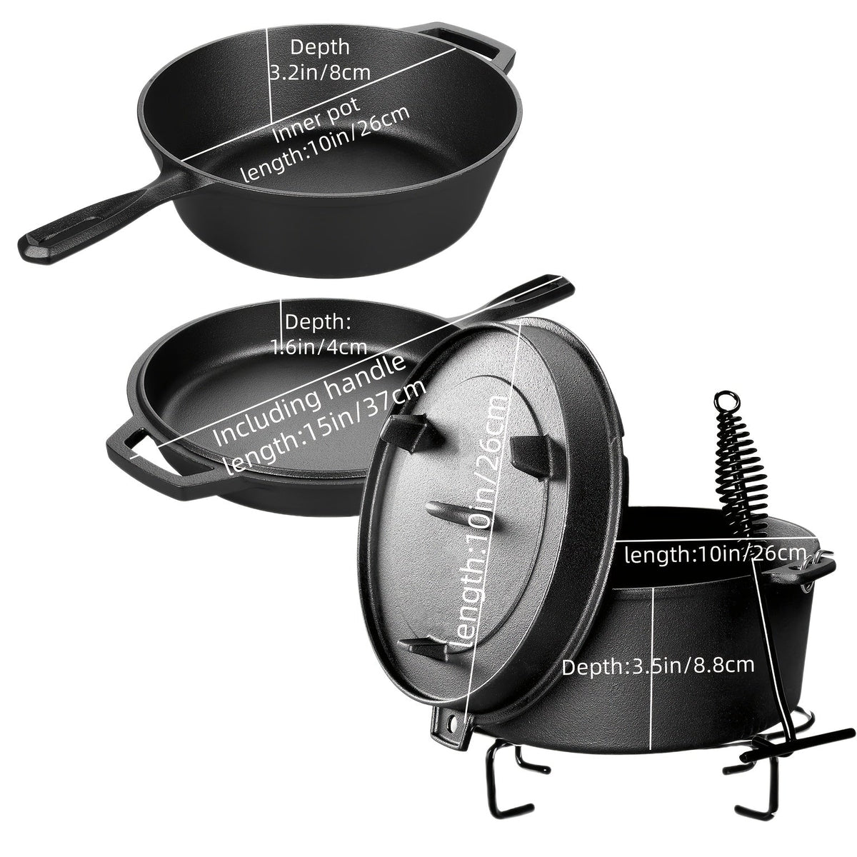 Ensemble d'ustensiles de cuisine en fonte, 6 pièces : poêle antiadhésive, cocotte, poêle à griller, kit pour induction, gaz, feu de camp, barbecue, cuisine en plein air et maison