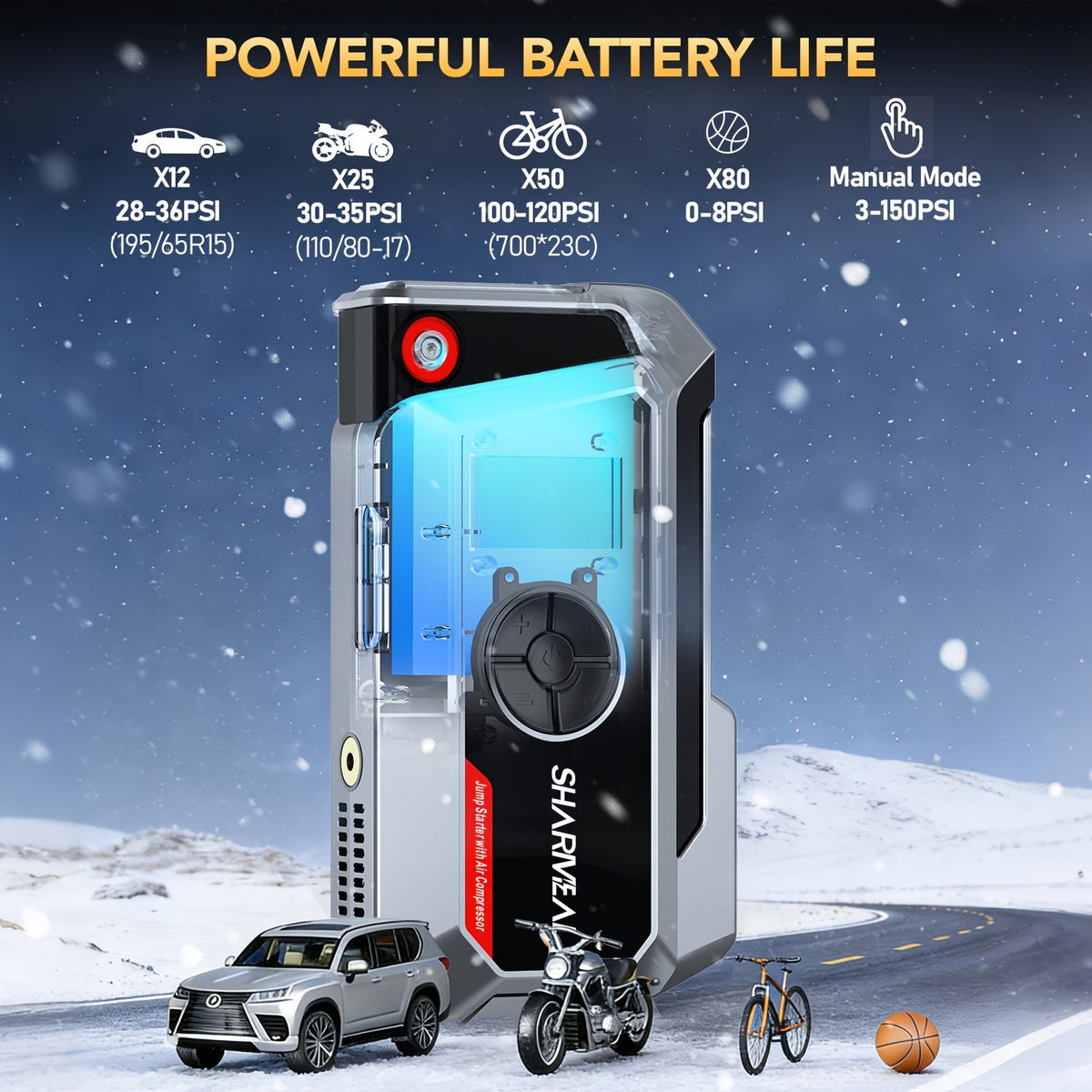 Démarreur de voiture 20000A avec compresseur d'air, batterie externe portable 18-en-1 – Pinces intelligentes, charge rapide, lampe LED, grand écran pour tous moteurs essence et diesel, booster de batterie de voiture d'urgence