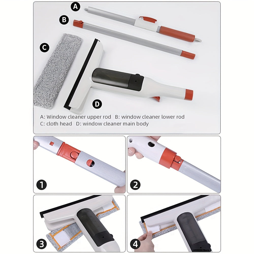 Kit de nettoyage pour vitres 3-en-1 avec rac lette et grattoir sur manche métallique durable pour fenêtres en hauteur, parois de douche et pare-brise de voiture – Outil de nettoyage domestique sans traces