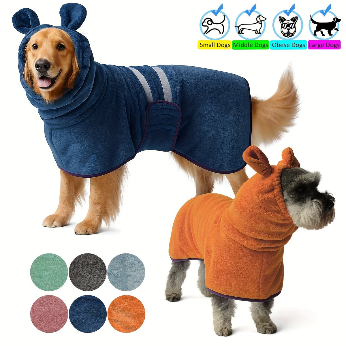 Peignoir pour chien à capuche ultra-absorbant à séchage rapide, manteau de séchage douillet pour chien après le bain, pyjama pour chien XS S M L XL XXL 3XL, 6 couleurs : bleu foncé, rose, vert, bleu clair, orange, gris