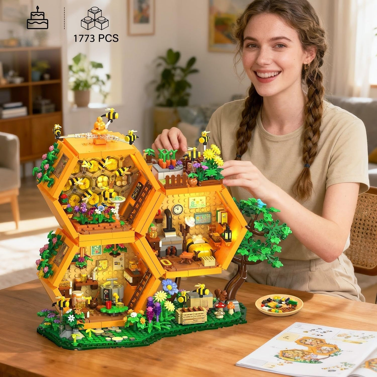 Ensemble de construction Ruche 1773 pièces, modèle décoratif de cabane dans les arbres avec fleurs, animaux et motifs botaniques – Cadeau de blocs de construction créatifs pour adultes, garçons et filles