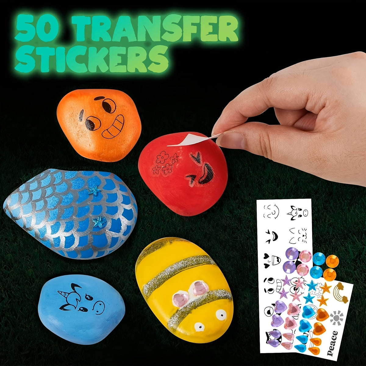Kit de peinture sur galets phosphorescents pour enfants dès 6 ans – Ensemble complet d'arts créatifs avec 10 galets, 17 peintures, pierres précieuses, pinceaux et autocollants | Jouet créatif STEM pour garçons et filles, cadeau d'anniversaire et de Pâques