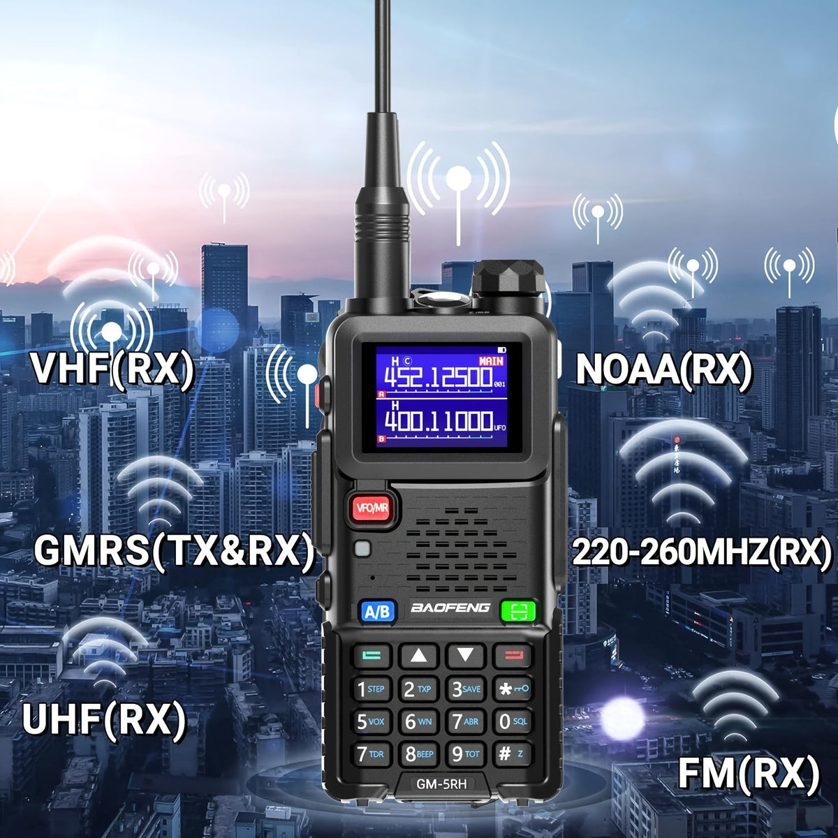 BAOFENG GM-5RH Radio GMRS longue portée 10W, lot de 2 - Talkie-walkie portable avec météo NOAA, chargement USB-C, 999 canaux, batterie 2500mAh, antennes 771 et 805S pour la chasse, le camping et l'escalade