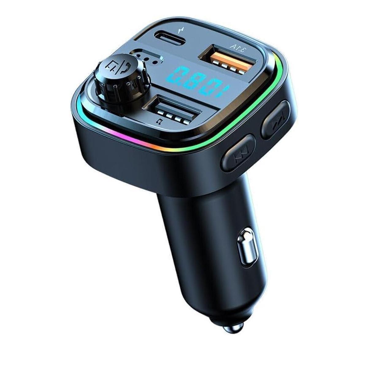 Transmetteur FM Bluetooth pour voiture – BT 5.0, charge rapide 48W QC3.0 & PD, double microphone, basses 360°, 2 ports USB + 1 port USB-C, prend en charge clé USB & AUX, adaptateur autoradio – Noir