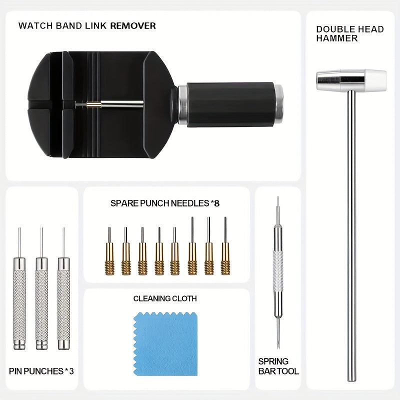 Kit de 15 outils professionnels pour le retrait de bracelets de montre – Chasse-goupilles en acier inoxydable avec socle en plastique, aucun assemblage requis, adapté au réglage et à la réparation de bracelets de montre à domicile