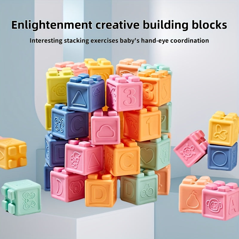 Blocs de construction souples en caoutchouc pour nourrissons et tout-petits – Jouet sensoriel à empiler, à mâcher et sans BPA, favorisant la préhension et le développement cognitif – 16, 24 ou 48 pièces – Âges 0-6 mois, 6-12 mois et 1-2 ans