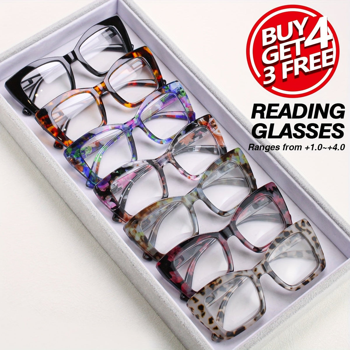 Lot de 7 paires de lunettes de lecture pour femmes – Grand style vintage carré, charnières à ressort, grossissement de +1,0 à +4,0, monture en PC durable, lunettes élégantes pour le quotidien des femmes