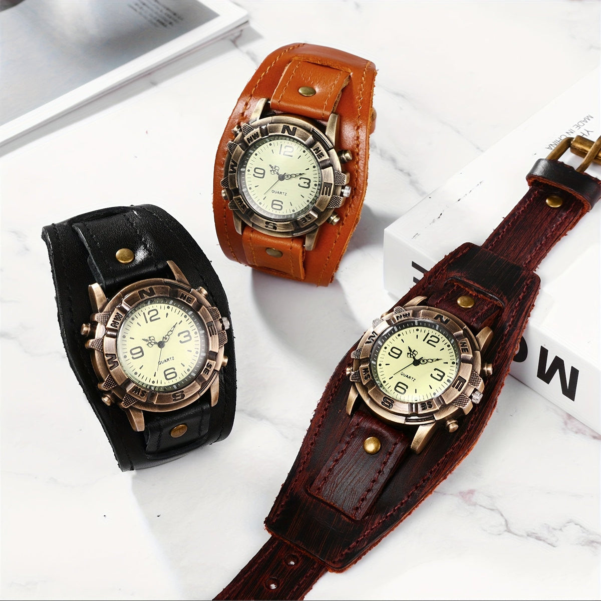 Montre à quartz analogique unisexe style steampunk vintage avec large bracelet en cuir – Style biker, boîtier rond, marron foncé, noir, marron, cadeau pour Halloween, Noël, fête des Pères