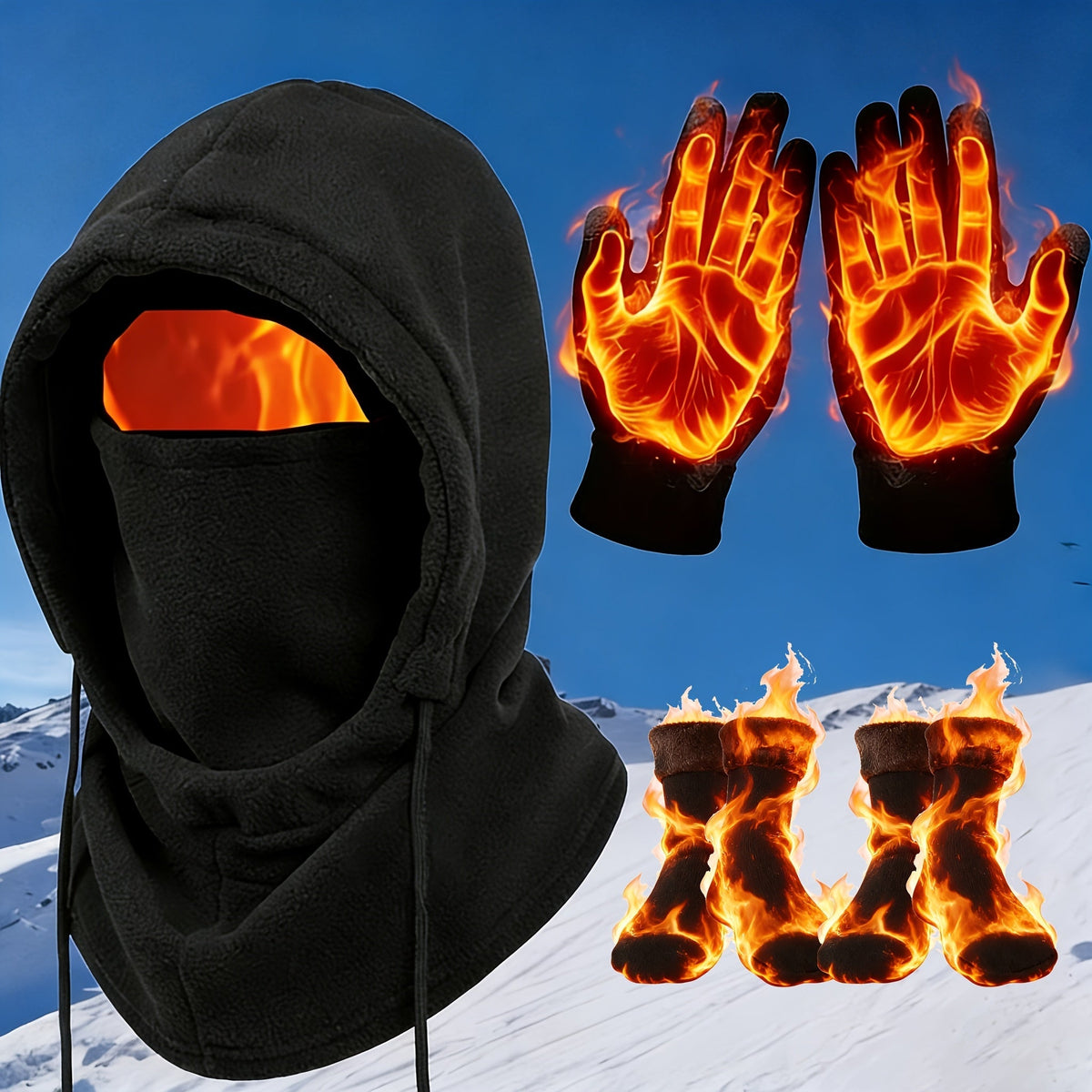 Ensemble thermique d'hiver 3/4 pièces, masque coupe-vent, gants tactiles, chaussettes en polaire épaisse, équipement grand froid pour snowboard, ski, randonnée, pêche sur glace – Lot d'accessoires d'extérieur chauds et légers