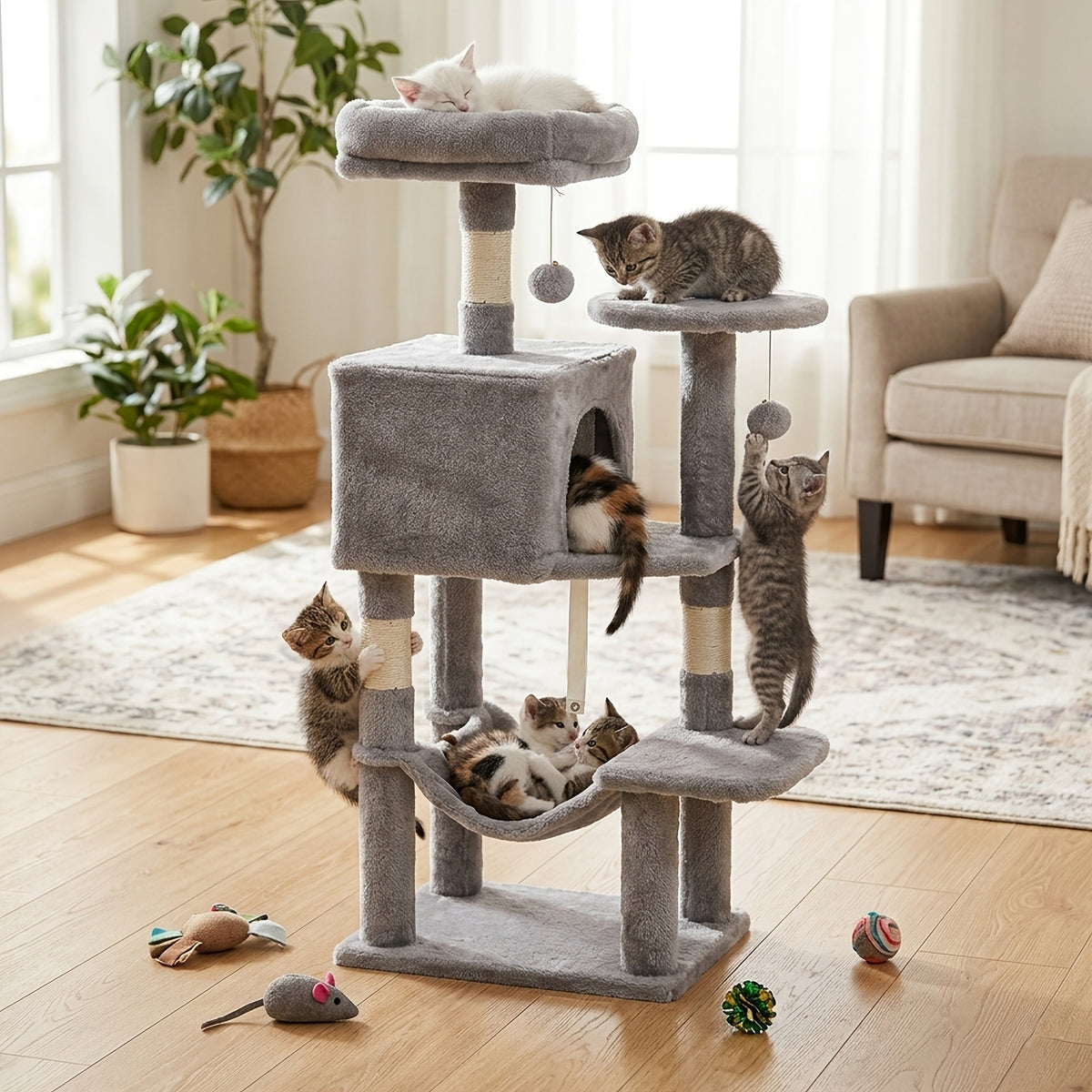 Arbre à chat avec hamac et poteaux à griffer en sisal de 112 cm – Condominium pour chats d'intérieur à plusieurs niveaux avec perchoirs naturels pour grands chats et foyers multi-chats, base stable et robuste, beige, gris, rose, noir