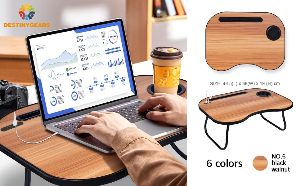 Support pour ordinateur portable avec port USB, tiroir de rangement et porte-gobelet – Plateau de lit en bois noyer pour manger, écrire, canapé, adultes et étudiants