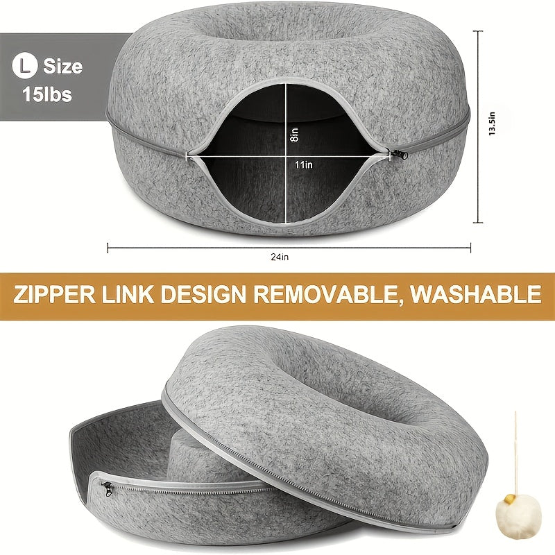 Lit tunnel pour chat en forme de beignet avec jouets à pompons - Cachette nid pour chat d'intérieur, utilisable toute l'année - Lit tunnel douillet pour chats et chatons - Disponible en 50 et 60 cm, gris foncé et gris clair