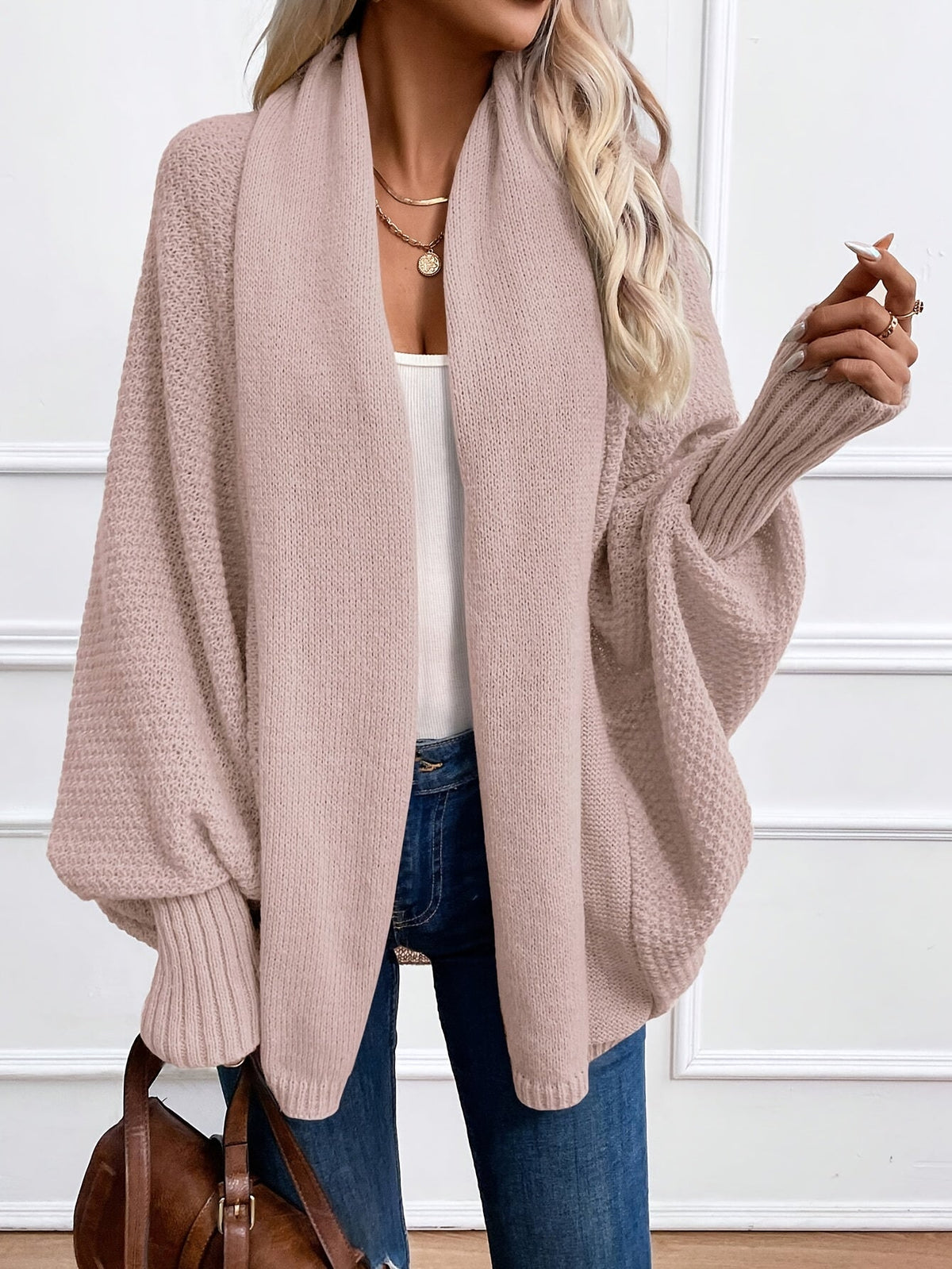 Cardigan femme à manches chauve-souris, col châle ouvert, pull manteau en maille ample – Veste légère unie couleur kaki