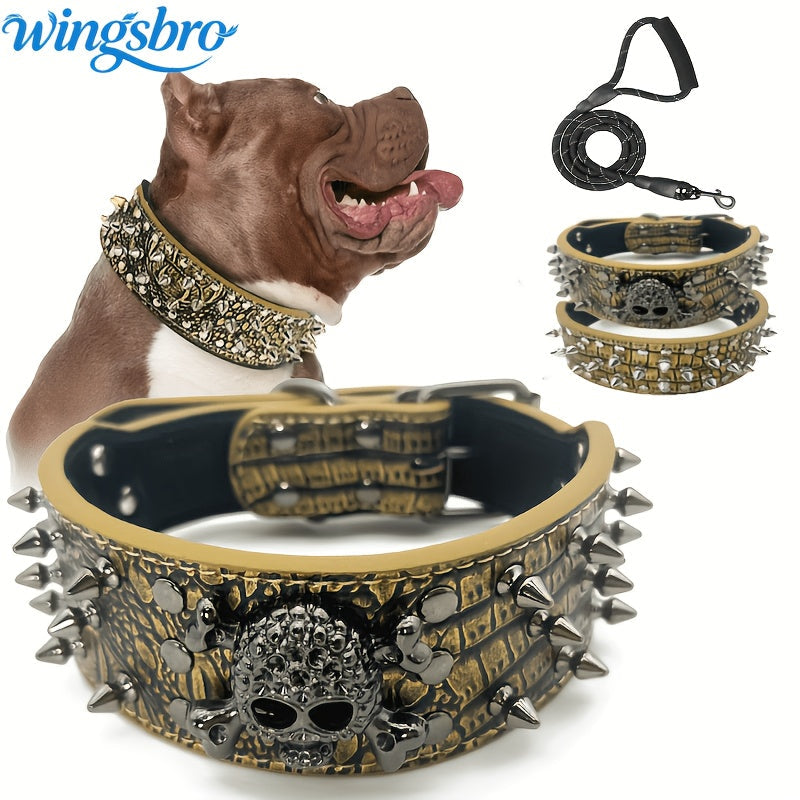 Ensemble collier et laisse pour chien à clous et rivets – Collier en cuir synthétique style punk rock pour dressage et promenade, ajustable et robuste avec boucle en métal pour petits, moyens et grands chiens