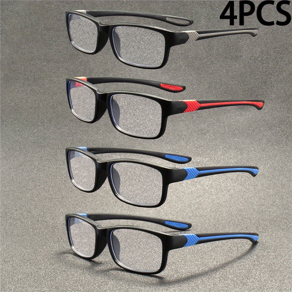 Lot de 4 lunettes de lecture sport tendance, monture rectangulaire complète pour hommes et femmes, puissances de +1,00 à +4,00, légères et élégantes