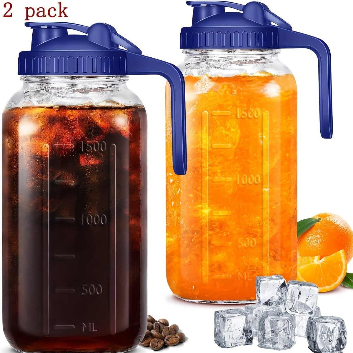 Bocal Mason de 1,9 L (64 oz) avec anse et couvercle – Carafe à boisson en verre borosilicaté de haute qualité sans BPA, étanche, lot de 2/3, pour le sport, l'extérieur, jus, eau, kombucha, cadeau de fête