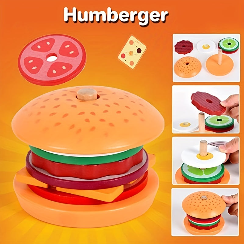 Ensemble de jeu de construction de hamburger en bois, jeu de motricité fine avec pièces alimentaires et cartes de commande, jouet Montessori d'imitation pour tout-petits de 3 ans et plus, cadeau d'anniversaire, d'Halloween, de Thanksgiving et de Noël
