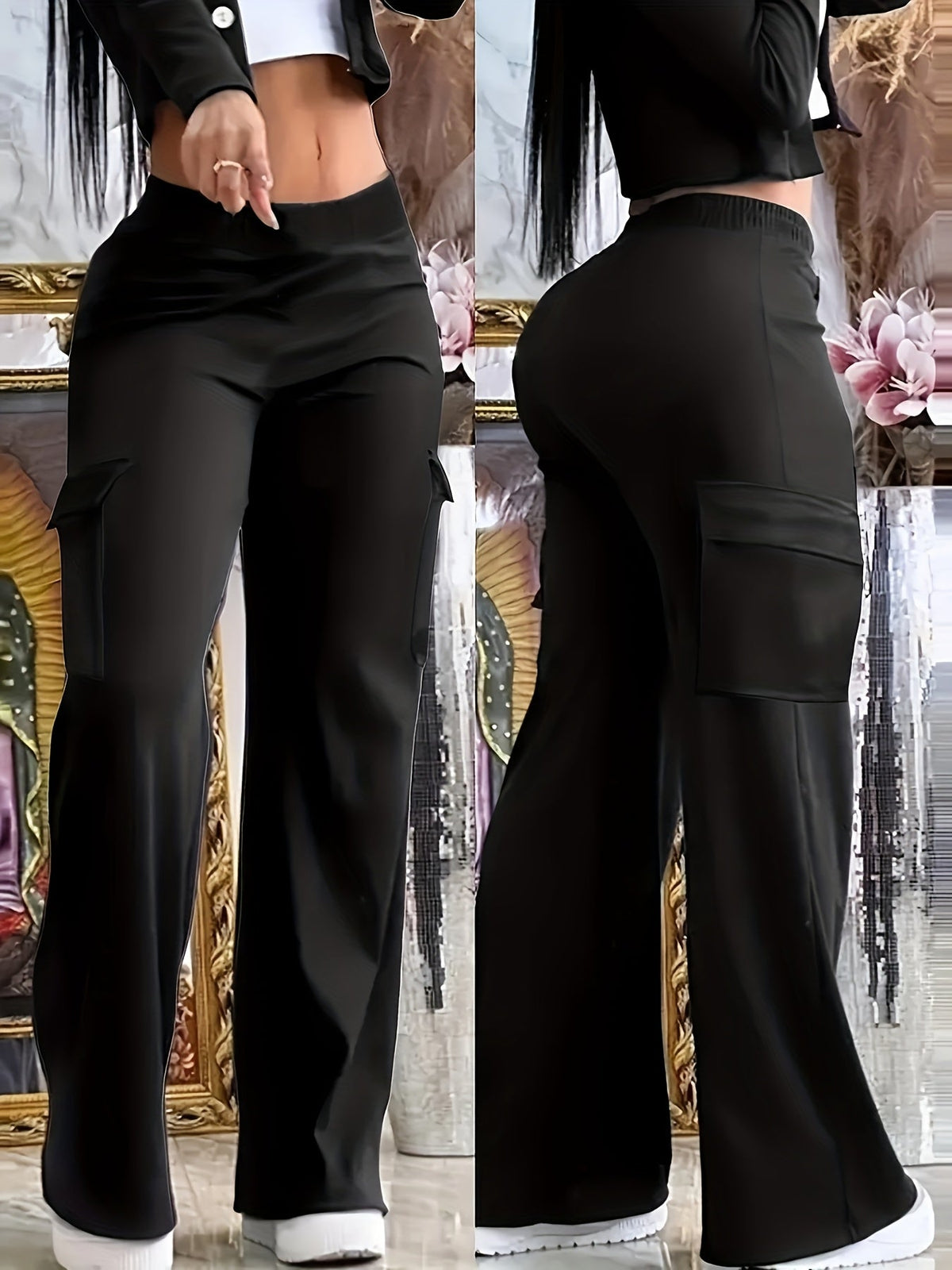 Pantalon large pour femme noir – Pantalon décontracté taille haute à enfiler avec poches, coupe droite et ample pour le bureau, le business casual et le quotidien, tailles XS-XXL
