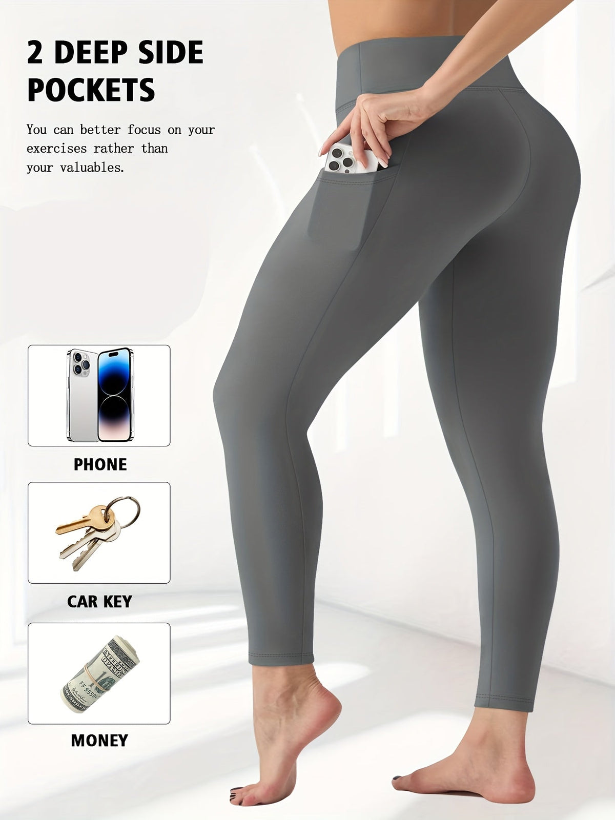 Pantalon de yoga grande taille pour femme avec poches – Legging chaud doublé en polaire taille haute pour l'automne et l'hiver, pantalon de sport moulant élastique, tailles 1XL-5XL en noir, gris, bordeaux et bleu marine