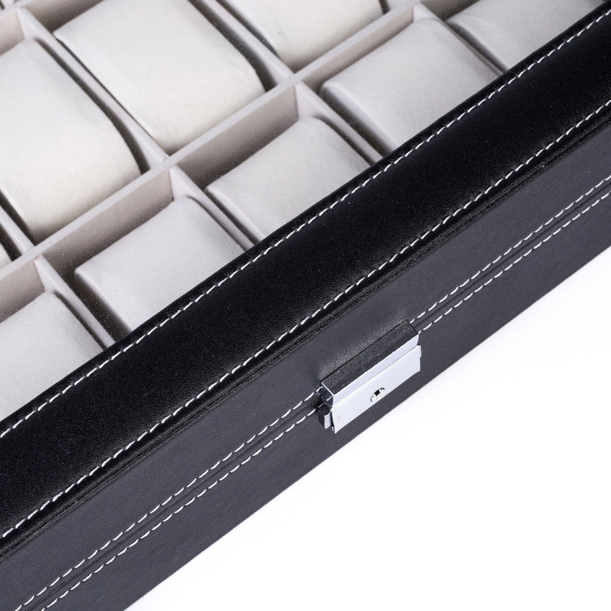 Boîte de rangement pour 24 montres en cuir – Présentoir grande capacité avec couvercle à ouverture par le haut, coffret verrouillable pour hommes et femmes, élégant écrin de collection en cuir PU noir