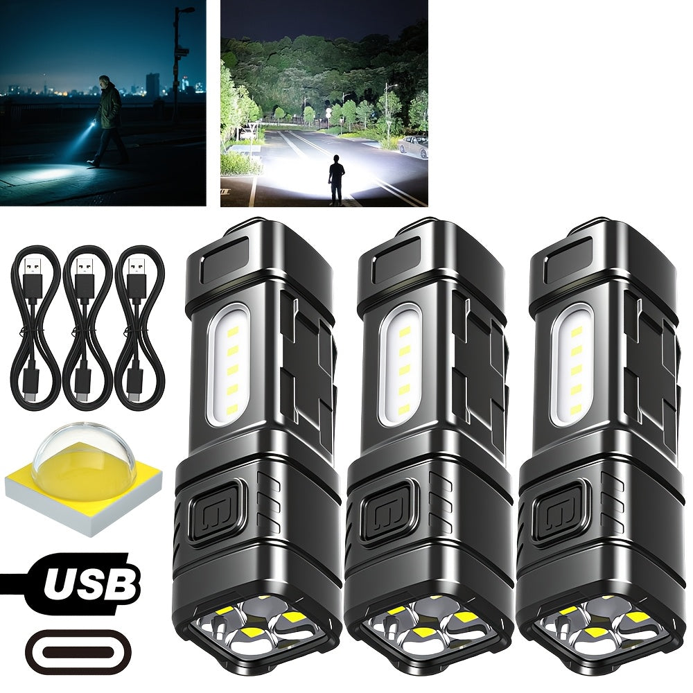 Mini lampe de poche LED rechargeable, lot de 3 ou 6, 2000 lumens, COB, 4 modes, charge USB-C, lampe de poche compacte avec clip arrière et batterie intégrée pour le camping, la randonnée, la chasse et les urgences