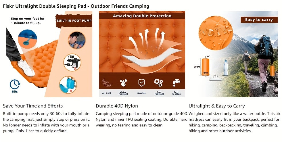 Matelas de couchage autogonflant ultraléger en nylon TPU, pompe intégrée, options une ou deux places, matelas de camping compact et portable pour le camping, la randonnée, le sac à dos, les voyages et les pique-niques, orange et bleu