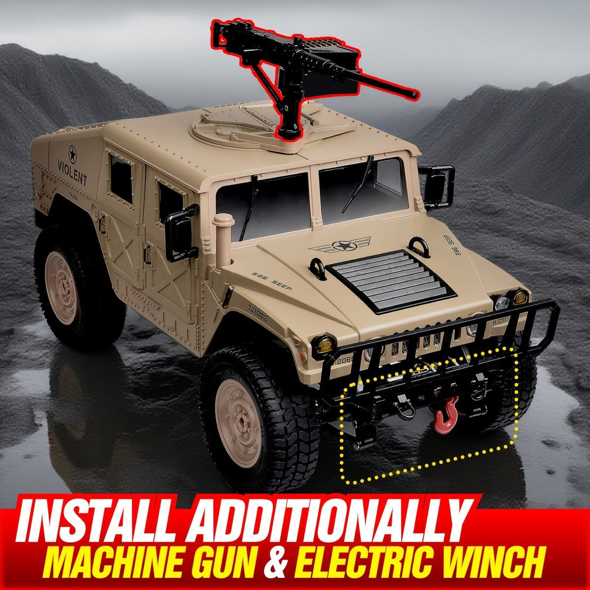 Véhicule militaire tout-terrain radiocommandé à échelle réelle C8835 pour adultes - Transmission proportionnelle, vitesse variable, franchissement, éclairage LED multi-modes, 5 portes ouvrantes, accessoires de mitrailleuse et treuil en option