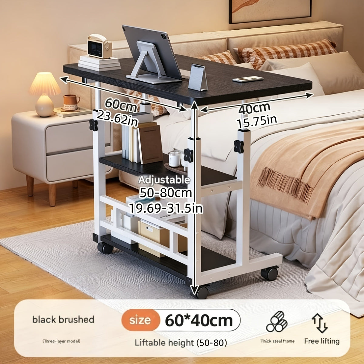 Bureau mobile portatif avec roulettes et table élévatrice à hauteur réglable – Petit bureau d'ordinateur pour lit, canapé, loisirs créatifs ou bureau à domicile, en noir ou blanc