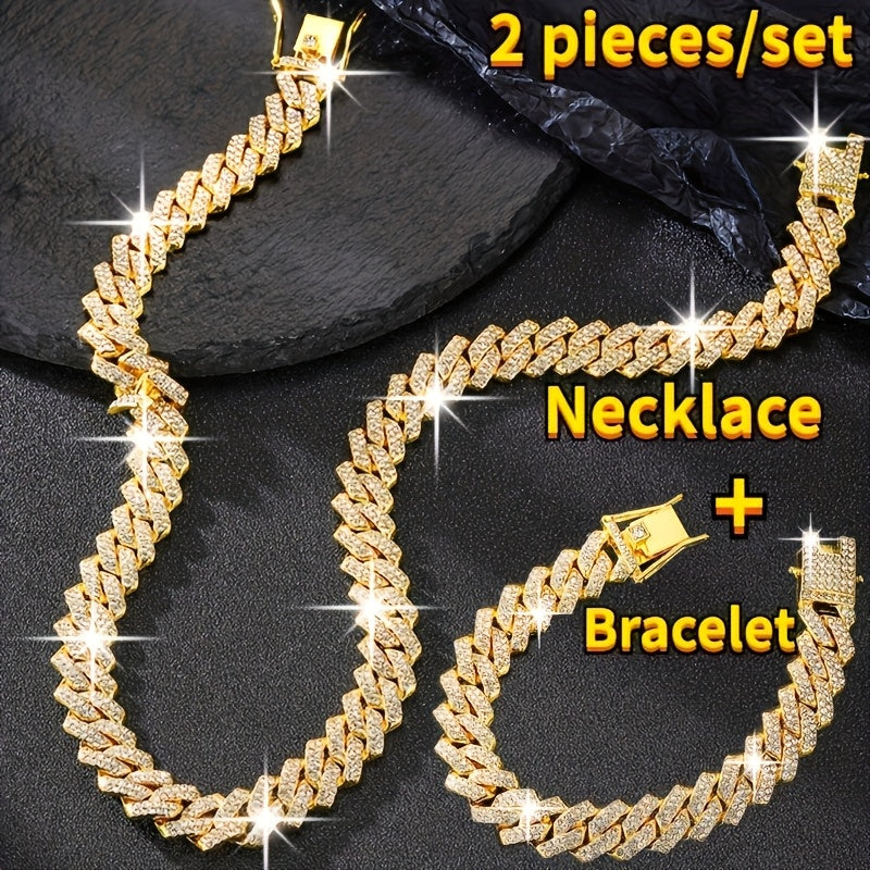 Cuban Link Chain Jewelry Set for Men 2pcs β Hip Hop Miami Bling Necklace and Bracelet Set, Luxury Fashion Streetwear Accessories, Perfect Birthday Anniversary Gift for Him